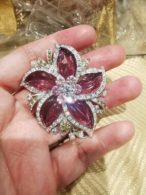 Vintage-Inspired Pink Flower Brooch Pin with Crystal Accents
